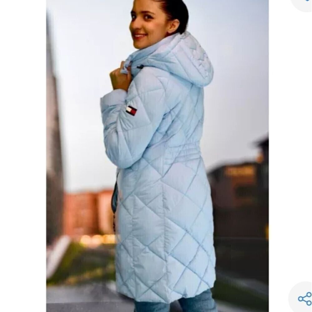 TOMMY HILFIGER Light Blue Quilted Puffer Hooded Jacket Womens Large - Picture 13 of 13